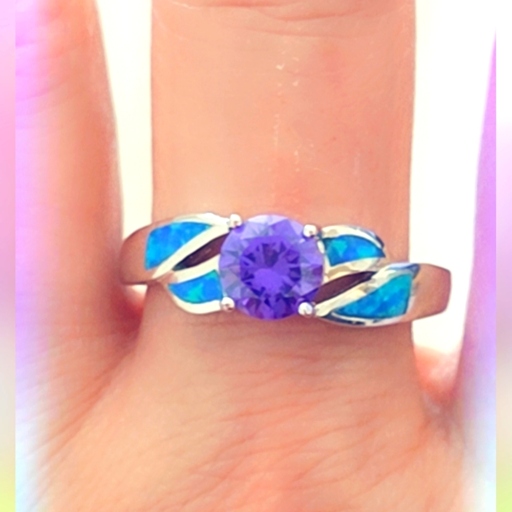 Blue Opal & Amethyst Sterling Silver Gemstone Ring
